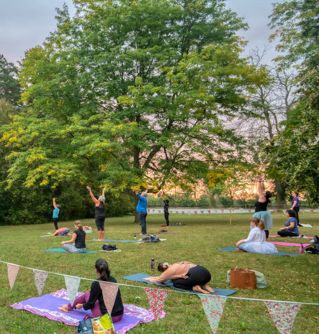 Outdoor Yoga on a green lawn with mature trees at dawn