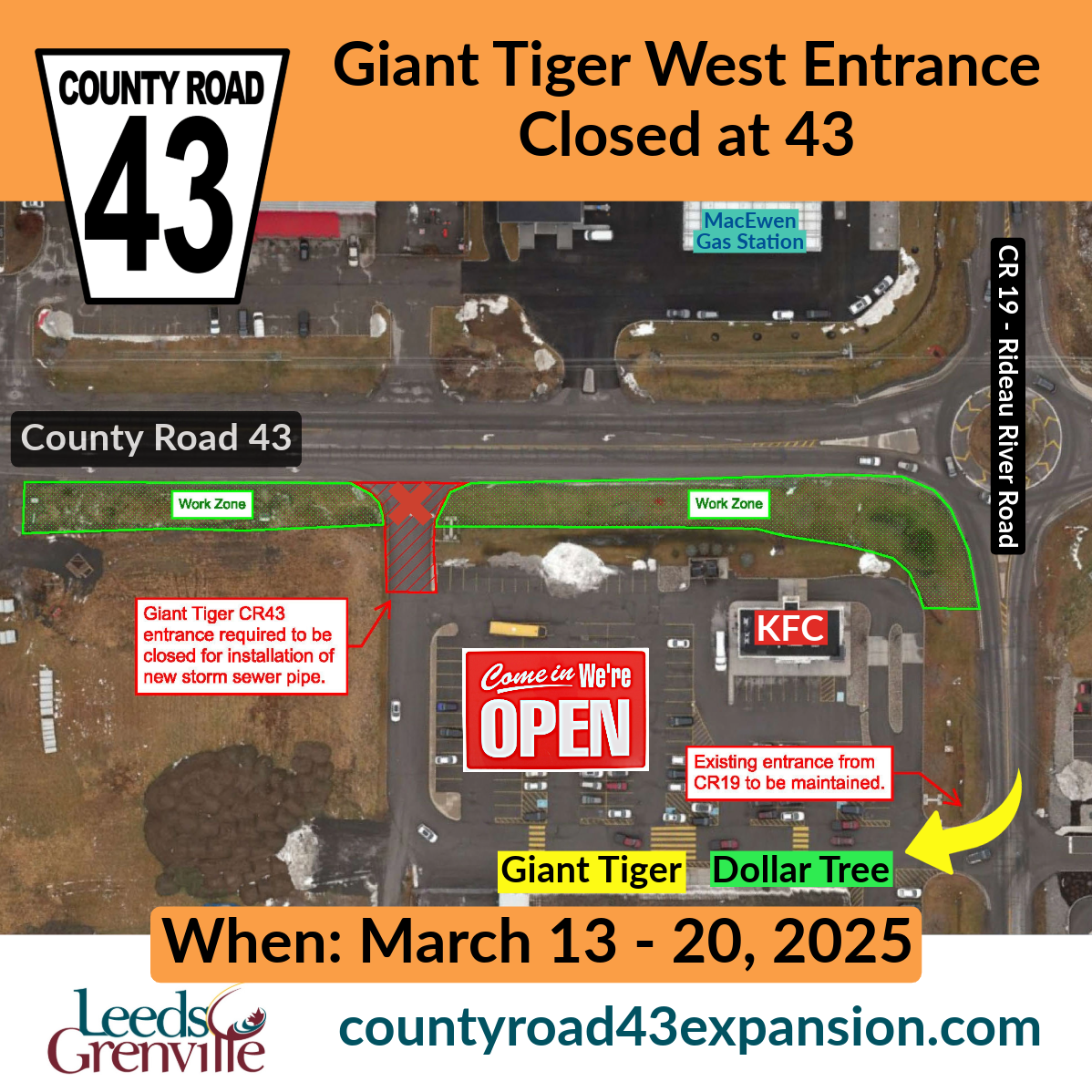 Closure to Giant Tiger West Entrance