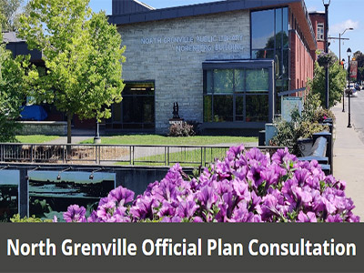 North Grenville Official Plan Consultation with photo of downtown, flowers, and library